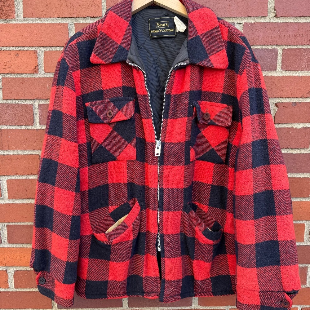 Vintage 70s Sears Work’n Leisure Buffalo Plaid Red Black Wool Zip Lined Jacket L